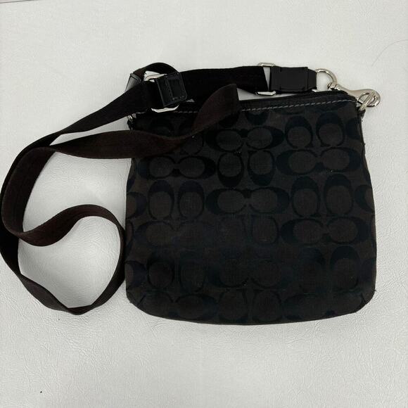 Coach Signature Canvas Small Crossbody Bag Brown Black Zip Top Twist Lock Pocket - Picture 6 of 9